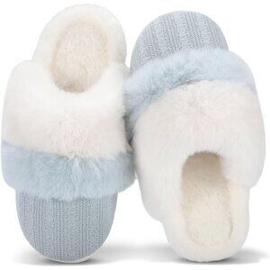 Women's Two Tone Blue White Faux Fur Lining Collar Memory Foam Slippers Shoes